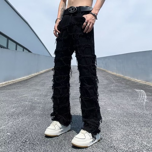 Cross-border new men's denim straight-leg pants, European and American street fashion, Instagram best-selling, elastic patch denim straight-leg pants