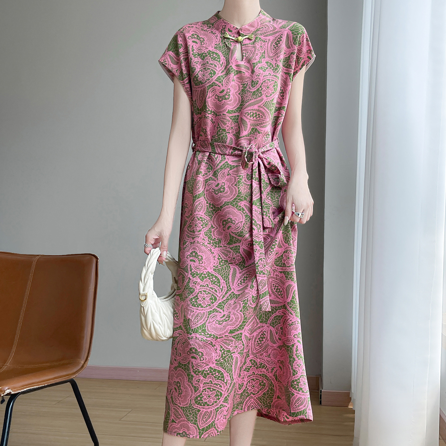 新中式国风立领盘扣连衣裙女夏季复古风收腰系带改良旗袍中长裙子