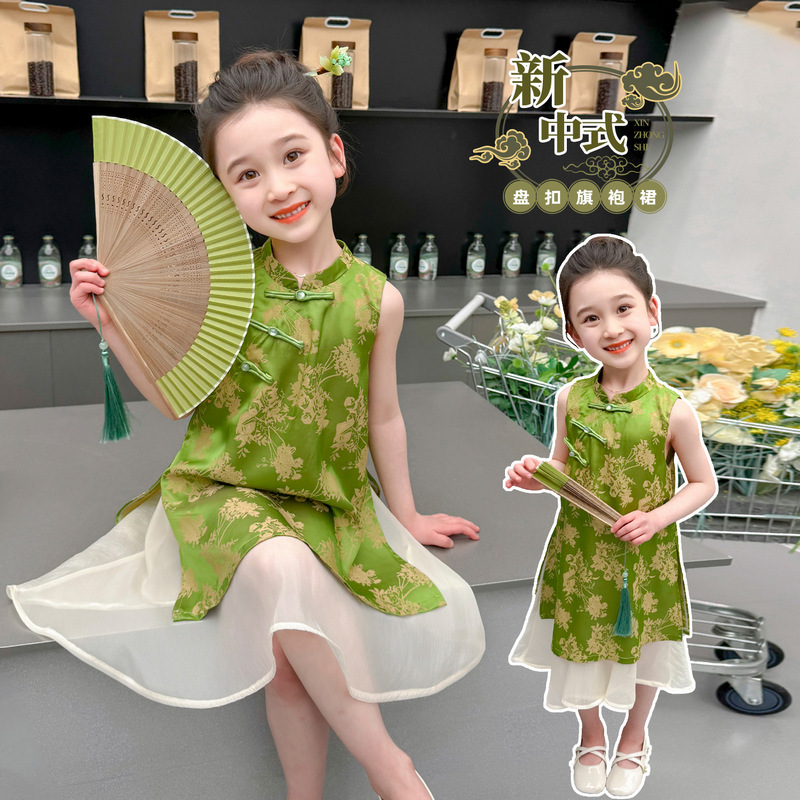Green Chinese-style Pankou Cheongsam Dress 2024 Summer New Trendy Fashion Children's Dress for Girls Baby