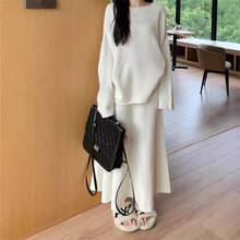慵懒风毛衣半身裙女秋冬装搭配宽松一字肩针织衫高腰大摆裙两件套