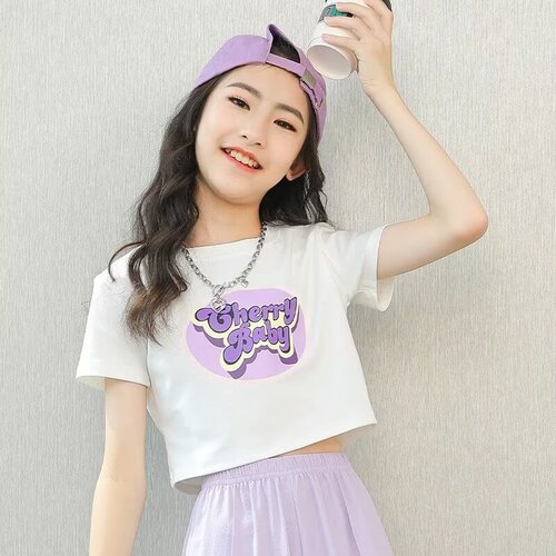 Kids' T-shirt Short Sleeve High-Waist Large Children's Street Dance Summer Navel Top Girl Fitted Summer Outfit Half Sleeve
