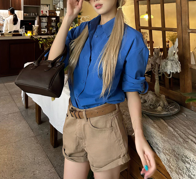 8Uio "Prussian Blue" Klein Blue Long-Sleeved Shirt for Women, Korean Style Spring Shirt with a Design Feel 8Uio "Prussian Blue" Klein Blue Long-Sleeved Shirt for Women, Korean Style Spring Shirt with a Design Feel