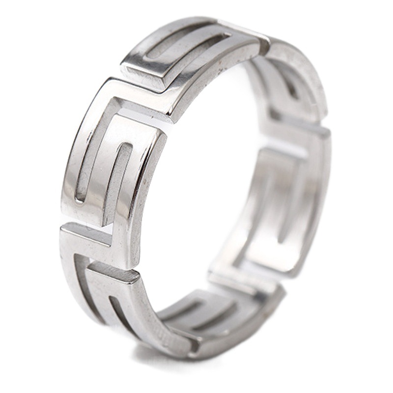 Trendy Men's Titanium Steel Great Wall Pattern Ring Stainless Steel Hollow Palindromic Geometric Hip-Hop Ring Pair Jewelry Minimalist Style