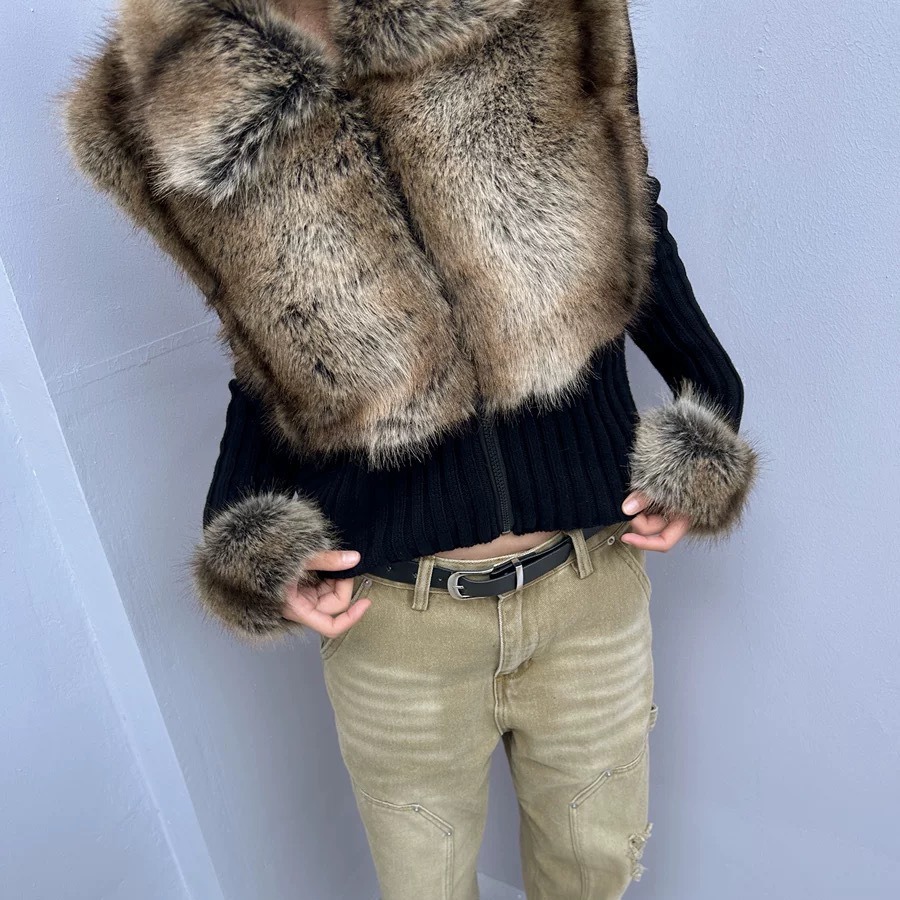 Dámské oblečení Furry Winter New Ekologicky šetrné plyšové klopě zip tenký kožešinový kabát pro ženy_voghion.com