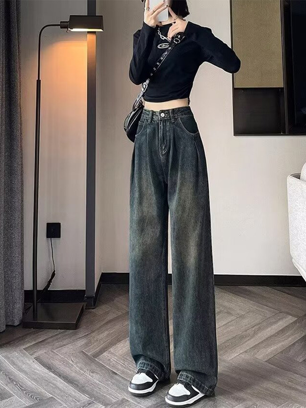 美式牛仔裤女春秋新款高腰宽松显瘦大码直筒褶皱辣妹垂感阔腿裤子|undefined