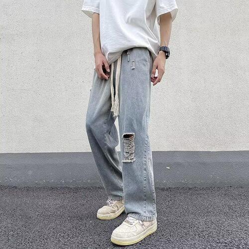Men's Summer Thin Loose Straight Leg Stretch Waist Denim Jeans Streetwear Trendy American High Street Flowy Wide Leg Pants