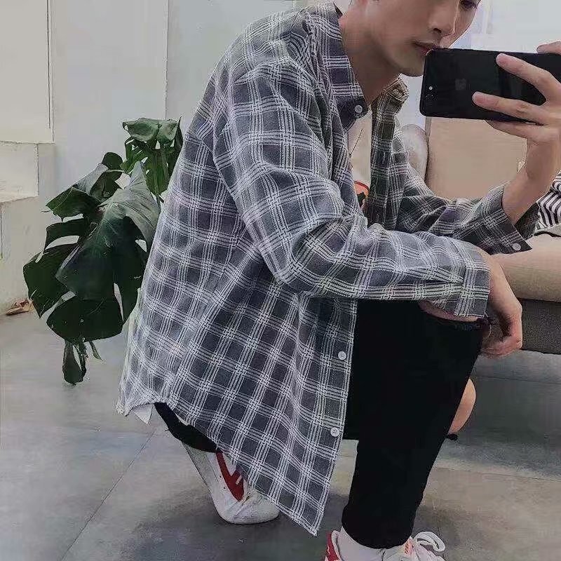 Spring and Autumn New Arrival Plaid Shirt Men's Hong Kong Style Plaid Jacket Korean Style College Shirt Loose Shirt for Students and Teenagers Spring and Autumn New Arrival Plaid Shirt Men's Hong Kong Style Plaid Jacket Korean Style College Shirt Loose Shirt for Students and Teenagers