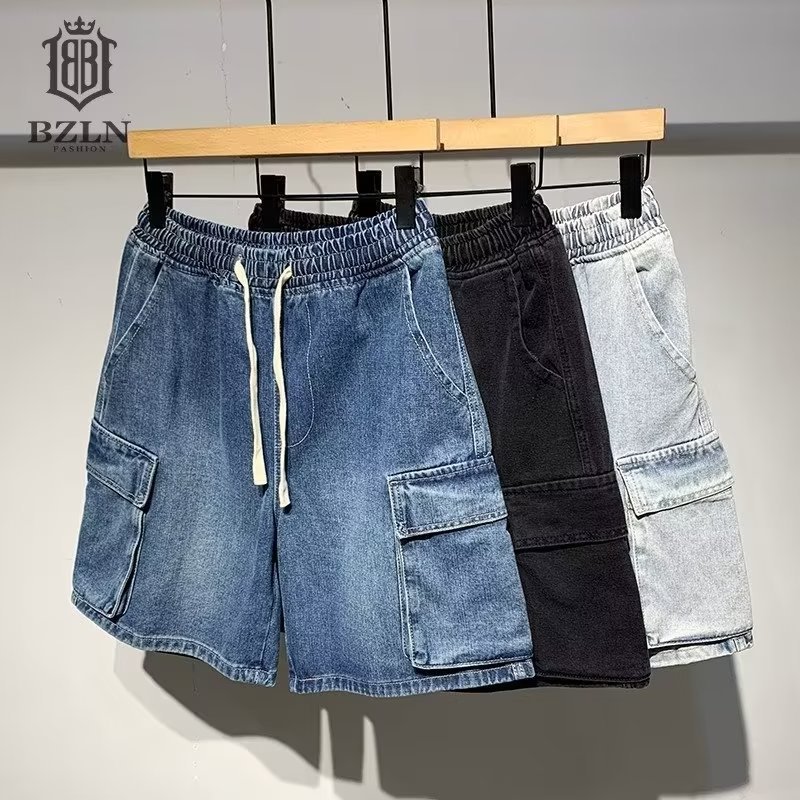 Ropa de trabajo de estilo japonés funcional elástico cintura Denim shorts hombres quinto pantalones 2022 verano nuevo casual pantalones sueltos