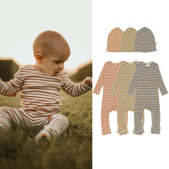 嬰兒連體衣新款長袖親膚棉質條紋哈衣新生兒寶寶衣服歐美嬰兒爬服