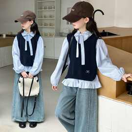 女童套装秋装2025新款儿童洋气马甲衬衫三件套女大童春秋款阔腿裤