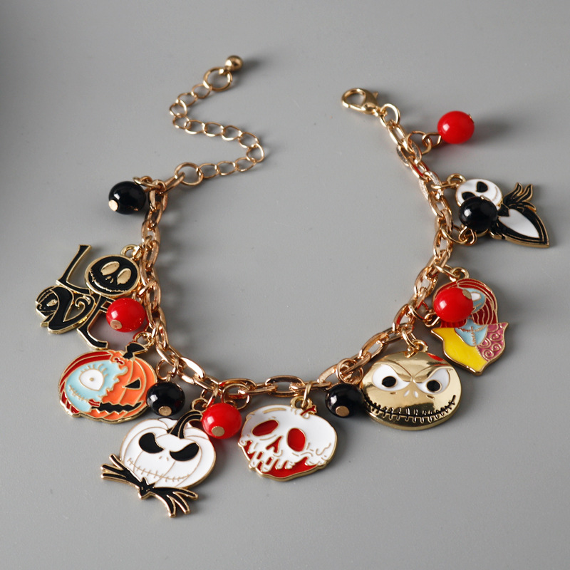 Halloween Charm Bracelet With Spider Pumpkin Skull And Diamonds_voghion.com