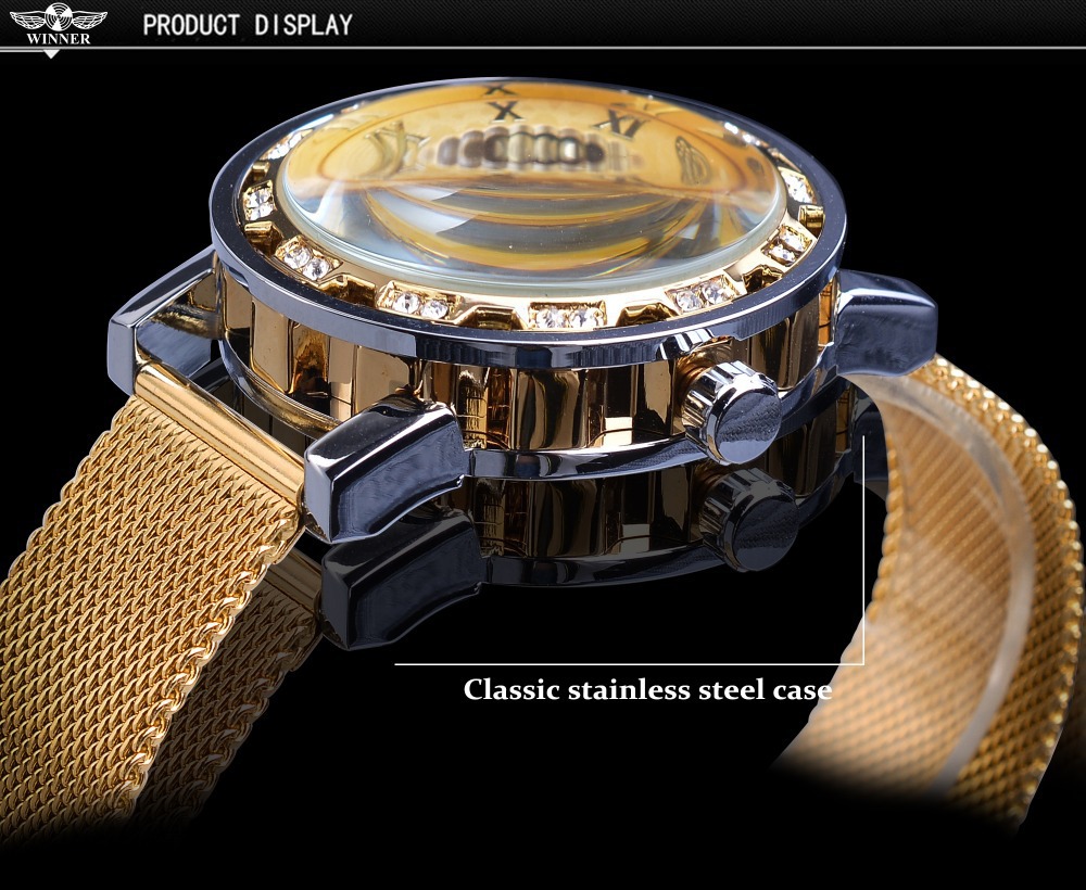 Men's Skeleton Mechanical Watch With Rhinestone Mesh Strap_voghion.com