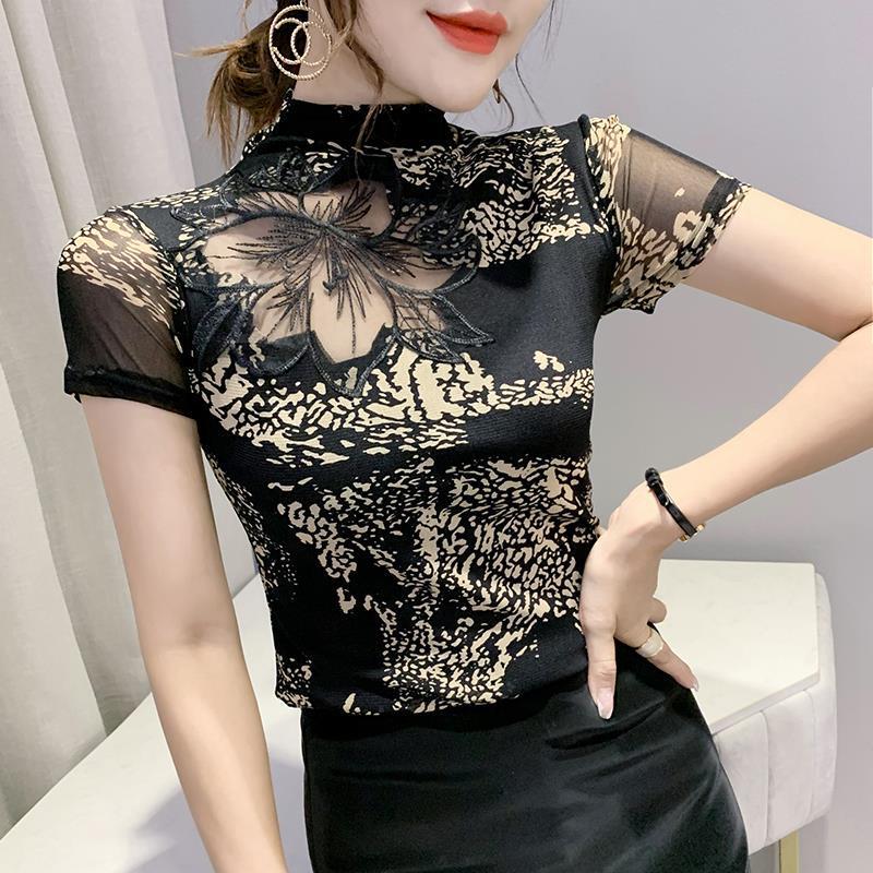 Summer 2022 New Slim-fit Lace Stitching Half-high Neck Printed Gauze Net Short-sleeved T-shirt Women's Trendy Western-style Small Shirt for Hair