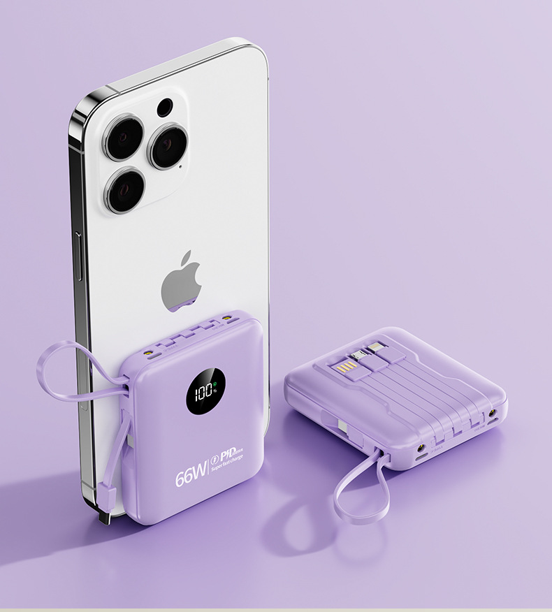 Toptan Mini Süper Hızlı Şarj 66W Powerbank 20000mAh Büyük Kapasiteli Dahili Kablolu Taşınabilir Şarj Cihazı Logo Baskılı