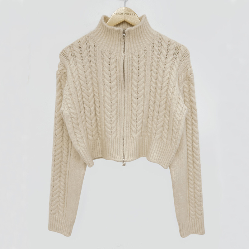 Otoño e invierno nuevo corto de manga larga chic vintage patrón de cáñamo de doble cabeza cremallera solapa de punto cardigan suéter abrigo para mujeres