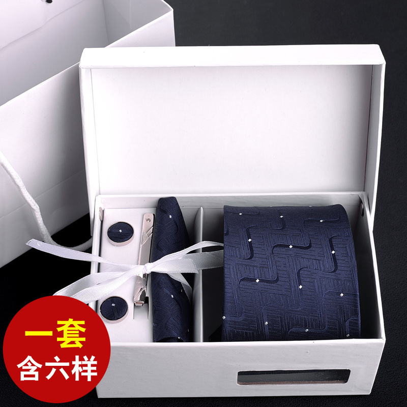 Factory cross-border men's six-piece suit business black 8cm striped hand tie tie groom wedding gift box