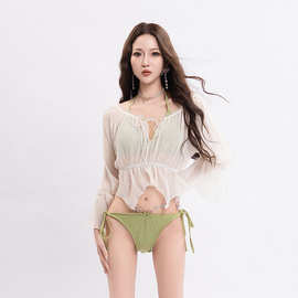 新款分体泳衣女性感修身显瘦这肉长袖罩衫防晒V领速卖通一件代发