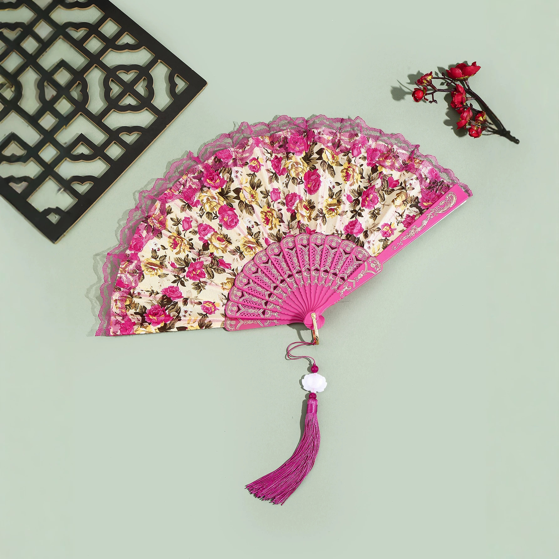 Abanico Plegable de Algodón con Borlas y Encaje para Decoración image 2