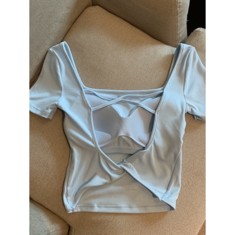 Blue Backless Cropped Top for Women Summer with Chest Pad Miu Dopamine Pure Desire Sweet and Spicy Back Cut Out Short-Sleeved T-Shirt