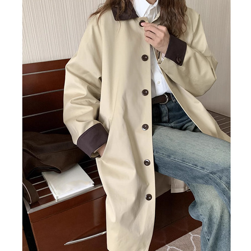 Fashionable and contrasting color mid-length retro windbreaker jacket 2023 autumn new Korean style design and milky style wear