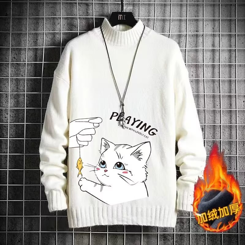 Half turtleneck sweater men's winter thick fleece-lined autumn and winter bottoming shirt loose sweater trendy inner wear ins