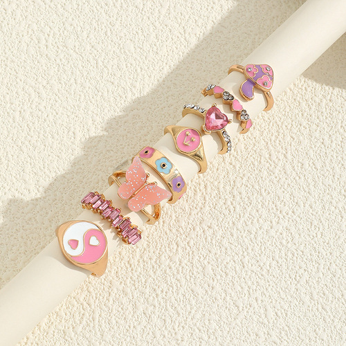European and American fashionable personalized color oil drip ring Cherry flower love diamond mushroom butterfly ring set 8 pieces