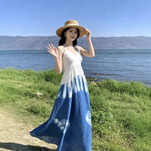 云南手工蓝染扎染吊带连衣裙V领木耳边收腰大摆长裙度假风吊带裙