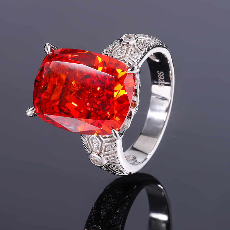 Zhuang Sheng joyería S925 todo el cuerpo de plata nuevo color tesoro Diamante alto carbono con incrustaciones lujo retro anillo principal piedra 12*16