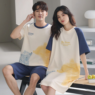 New Couple Pajamas Summer Pure Cotton Women's Short-sleeved Nightgown Home Clothes Men's Short-sleeved Shorts Outfit