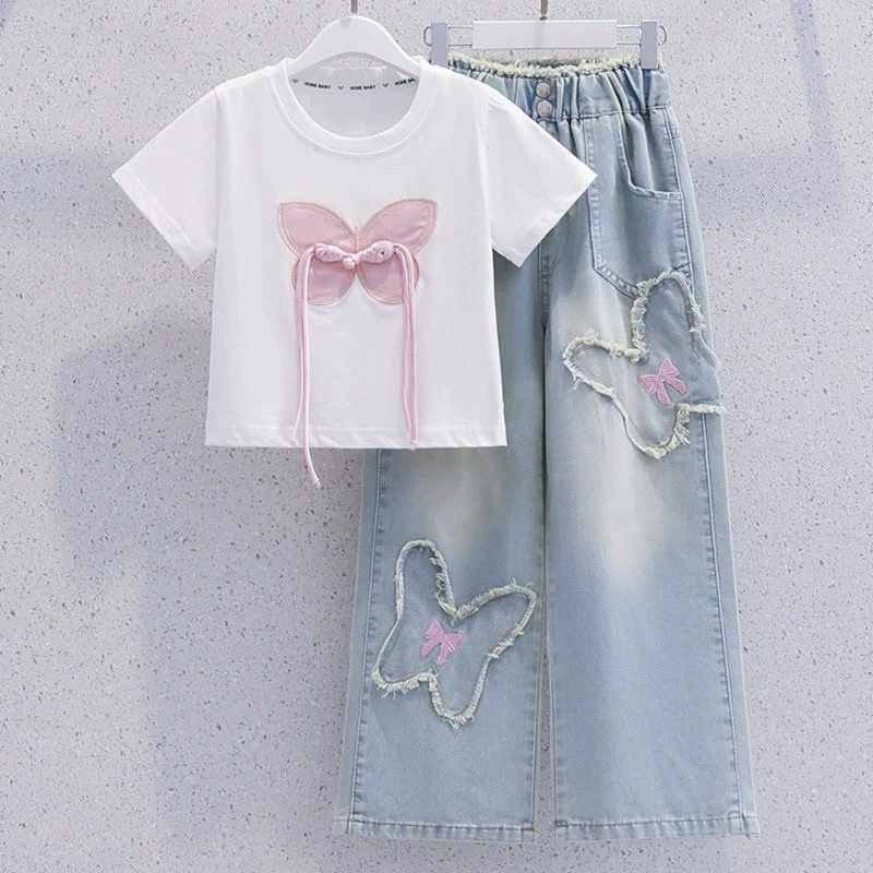 Комплект для девочек 2025 новый летний стиль отдыха детей среднего и старшего возраста с короткими рукавами брюки Летний тонкий набор из двух частей