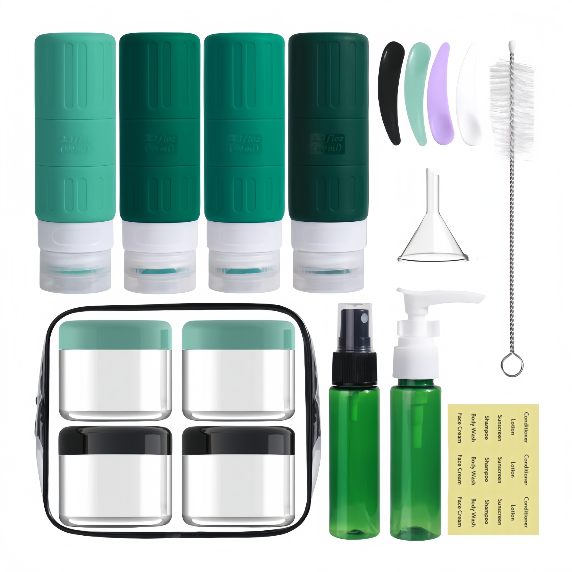 亚马逊热销绿色硅胶分装瓶18件出差旅行游泳健身必备便携式分装瓶