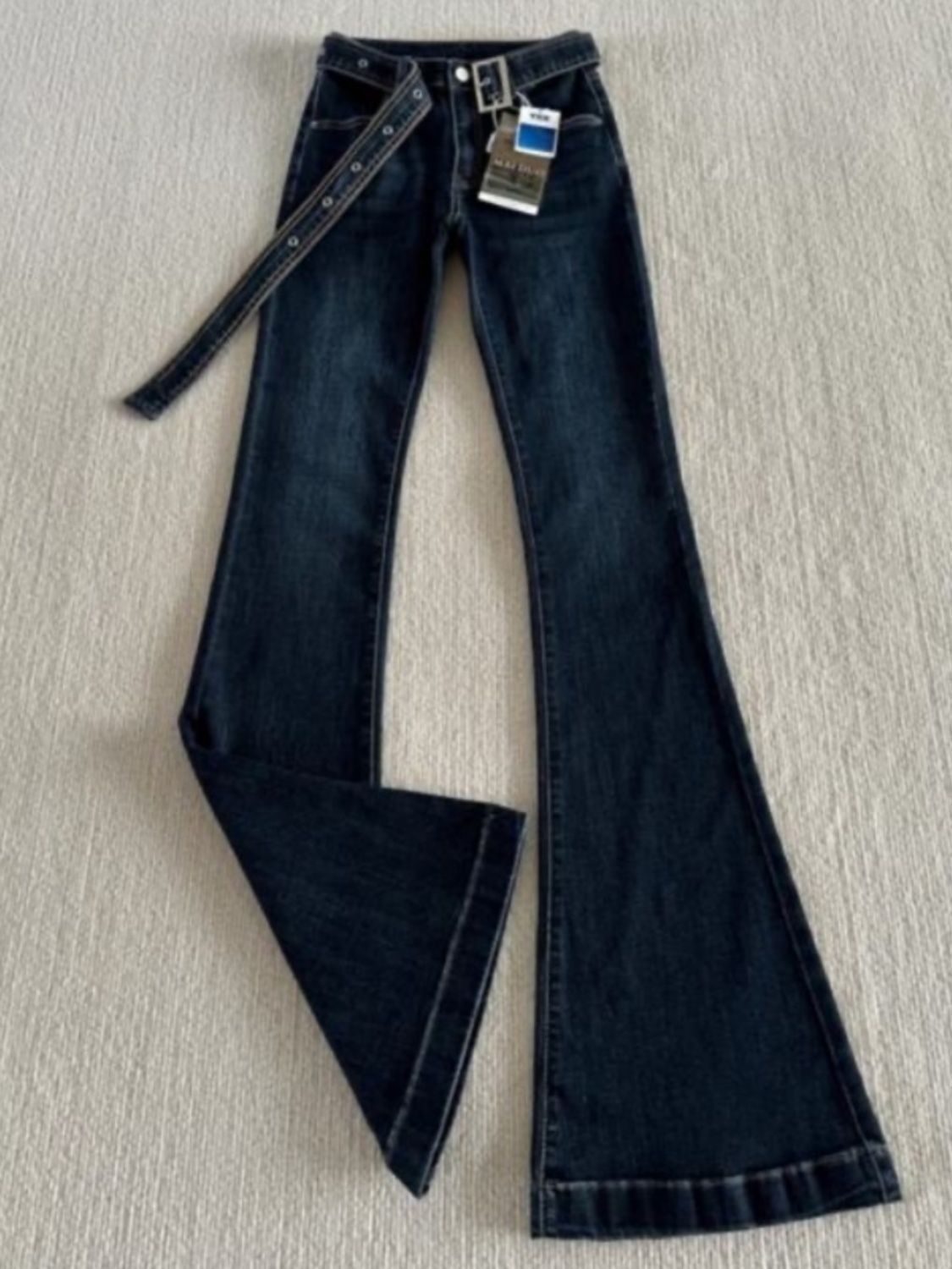 Women's Dark Blue Extra Long Flared Jeans Low Waisted Slim Fit_voghion.com