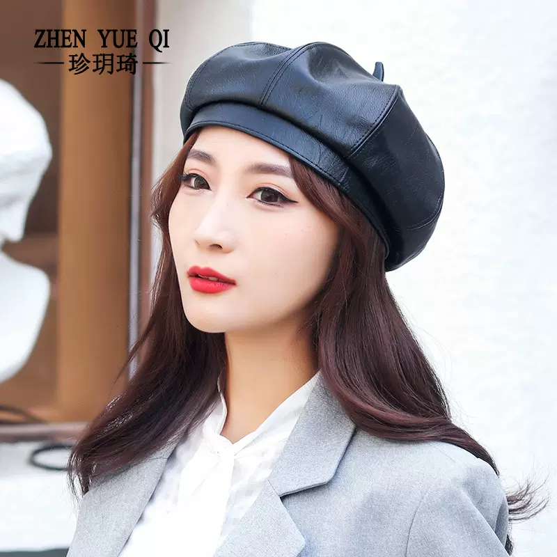秋冬季潮流女士贝雷帽PU皮质画家八角帽春天英伦风纯色气质帽子女