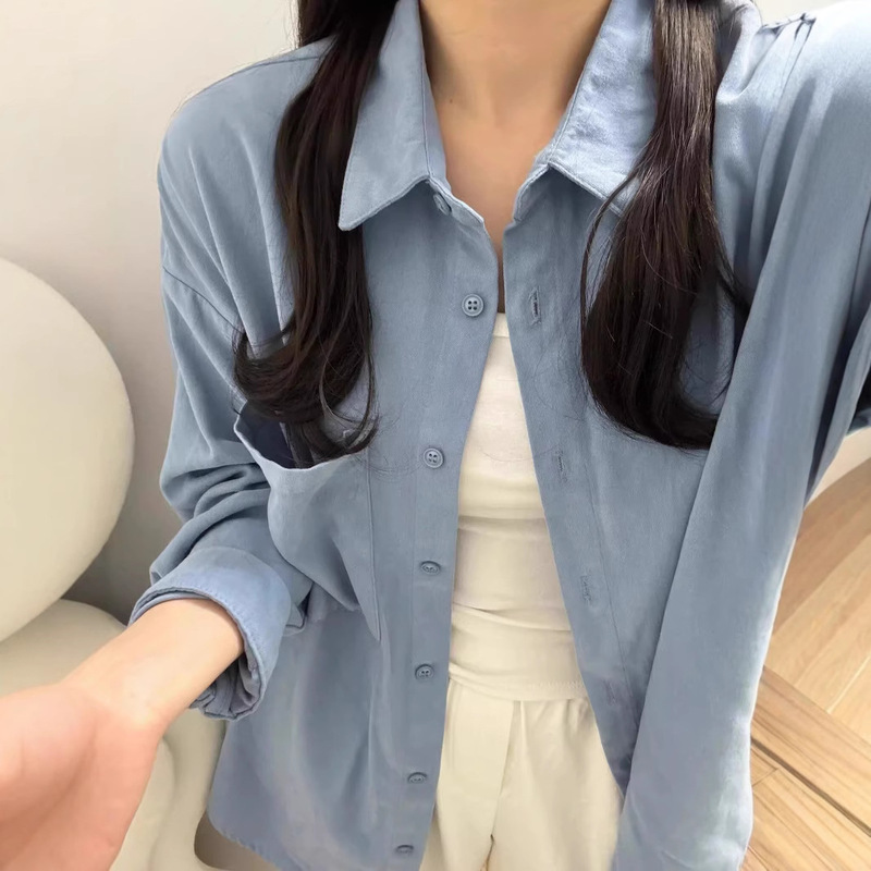 Shirt for Spring and Autumn Wear with Inner Stacked Vest 2025 New Korean Style High-end Blue Shirt Long-sleeved Top for Women