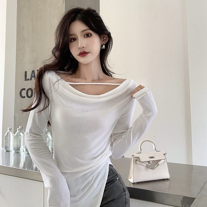 Irregular top women's inner bottoming shirt 2023 new autumn swing collar slim slimming split long sleeve T-shirt Irregular top women's inner bottoming shirt 2023 new autumn swing collar slim slimming split long sleeve T-shirt
