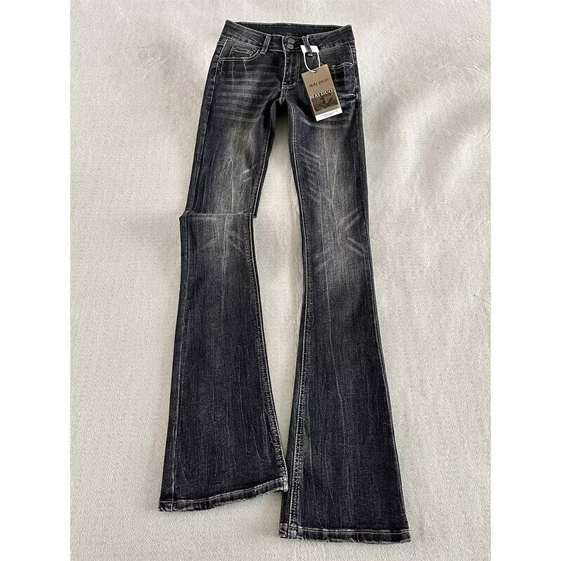 American retro black and gray flared jeans for women, 2026 autumn new style, high-waisted, slim-fit, floor-length bell-bottoms American retro black and gray flared jeans for women, 2026 autumn new style, high-waisted, slim-fit, floor-length bell-bottoms