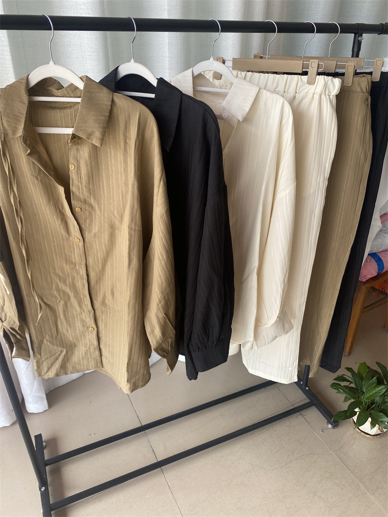 Women Bubble Long Sleeve Loose Lace up Shirt Straight Casual Pants Two Pieces Sets