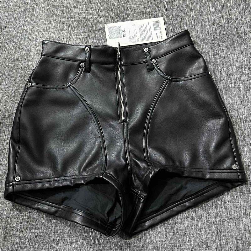 Sk Motorcycle Washed Goatskin Shorts Retro Leather Zipper Shorts 24 Women's Spring New Style