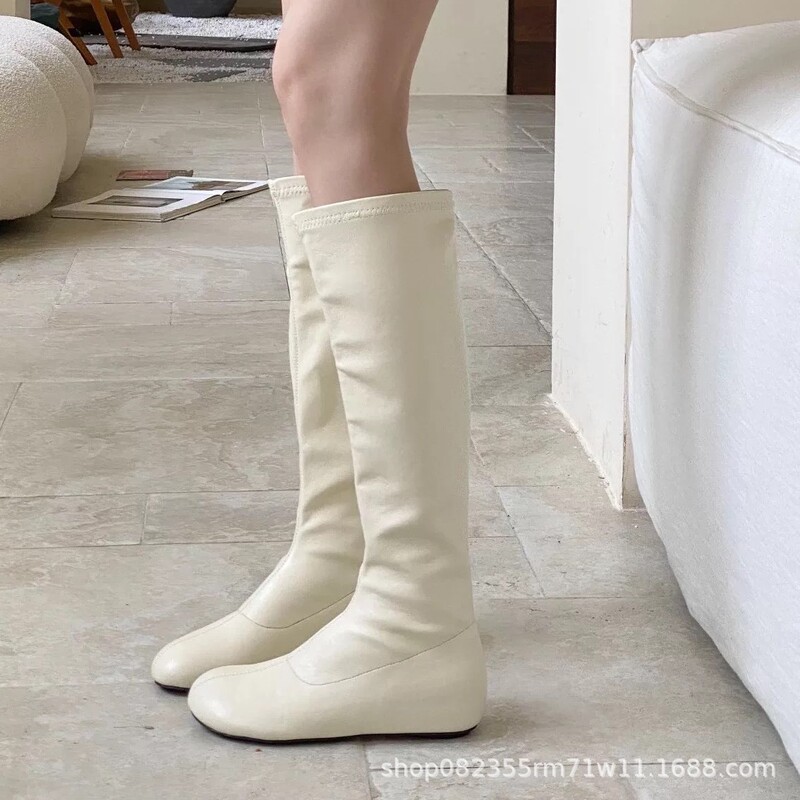 Wenzhou Women's Shoes with Hidden Heels, White French-Style Ankle Boots, 2025 Autumn and Winter Season, Wide-Toe Riding Boots, Slim Long Boots