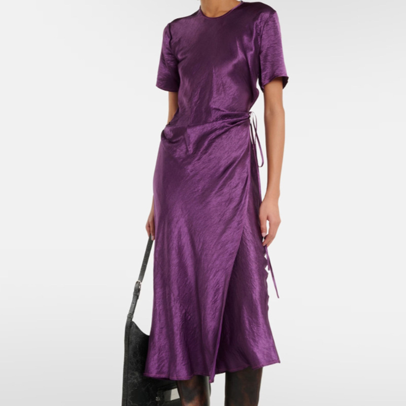 Shenzhen Nanyou high-end women's clothing acetate pleated satin wrap lace-up round neck short sleeve mid-length dress