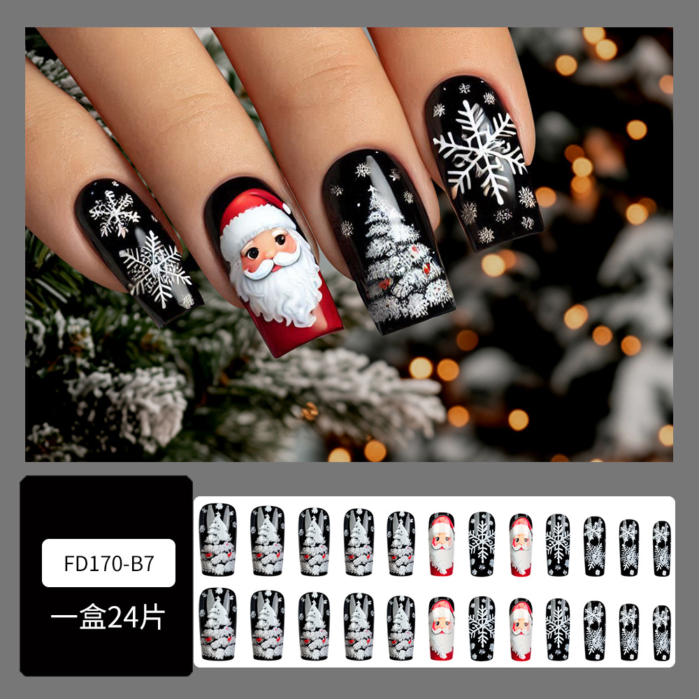 Ventas transfronterizas calientes de tubería de agua media y larga piezas de uñas de nieve en relieve Navidad 24 piezas de uñas de vacaciones