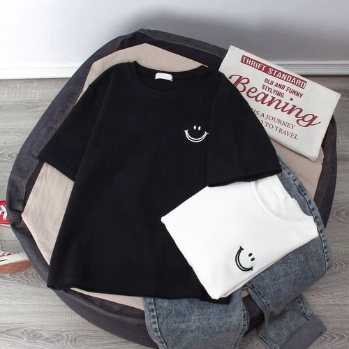 Children's Summer Outfit Smiling Print T-Shirt for Girls, Primary School Students, Korean Style Loose Half-Sleeve Base Layer Top for Boys