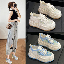 厚底绣花蕾丝网面透气女鞋2025夏季新款休闲小个子增高9CM松糕鞋