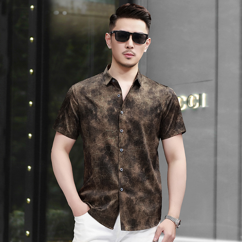 Áo sơ mi nam ngắn tay lụa tơ tằm in họa tiết Trung Hoa kiểu mới mùa hè — Cà phê 5213