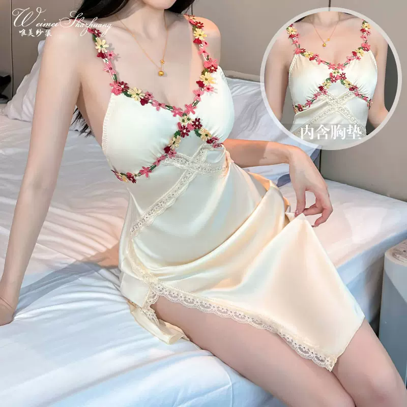 唯美纱性感侧开衩吊带睡裙女士浪漫花朵吊带睡衣深V家居蕾丝睡裙