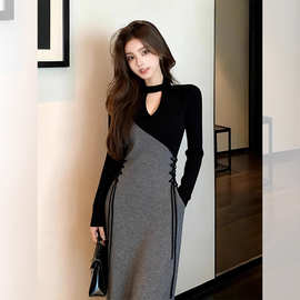 法式小香风特别漂亮掐腰灰色拼接连衣裙女2026秋季新款气质感长裙