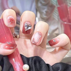 Love Flash Diamond Wearing Nails, Wine Red Stain New Year Beauty Nail Sweet Girl Bride Style Ins Style False Nail Finished Product