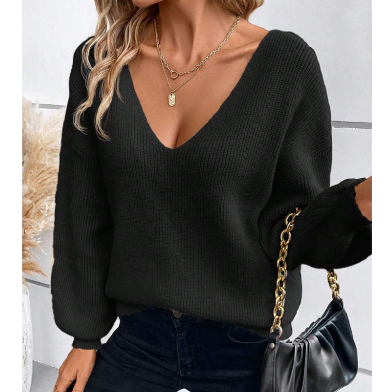 Women's Clothing autumn and winter women's sweaters sexy backless lace up V neck pullover long sleeved sweater_voghion.com
