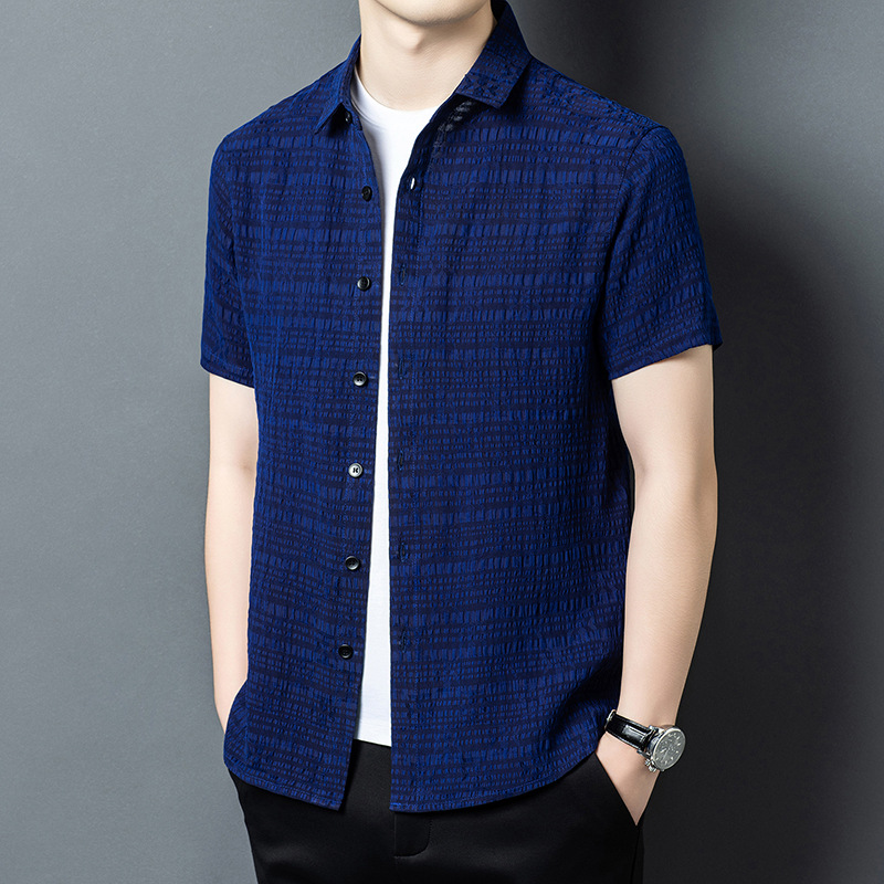 Áo sơ mi ngắn tay nam lụa tơ tằm 100% Mulberry Silk họa tiết jacquard Corinthian — Xanh da trời2635