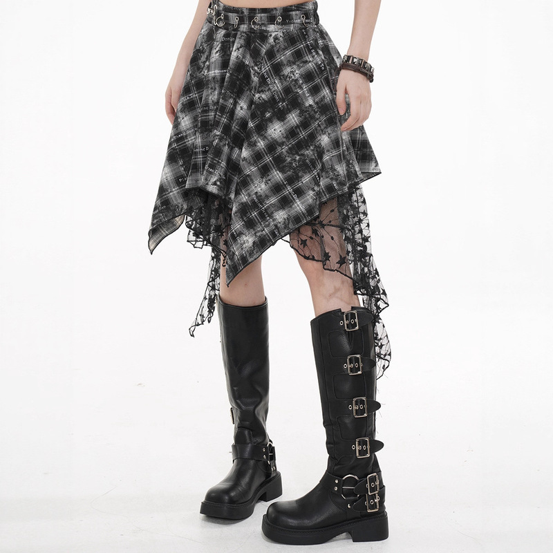 Lace Splicing Irregular Black Plaid Skirt for Women Summer 2025 Super Nice A-Line Skirt